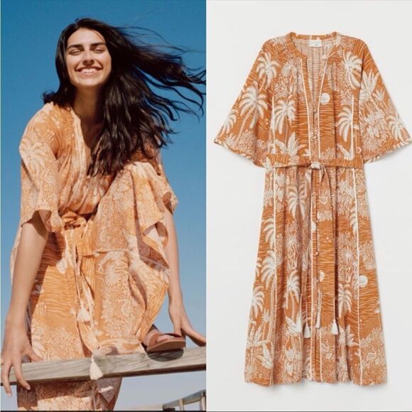 DESMOND & DEMPSEY x H&M | Landscape Caftan Midi Dress Belted Women’s Size Large - Picture 15 of 15